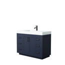 Wyndham Miranda 48" Single Bathroom Vanity In Dark Blue Matte White Solid Surface In 4" Thickness Integrated Sink Black Trims And No Mirror WCF292948SBBK4INTMXX