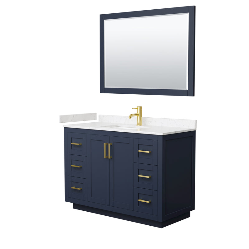 Wyndham Miranda 48" Single Bathroom Vanity In Dark Blue Light-Vein Carrara Cultured Marble Countertop Undermount Square Sink Brushed Gold Trims And 46" Mirr WCF292948SBLC2UNSM46