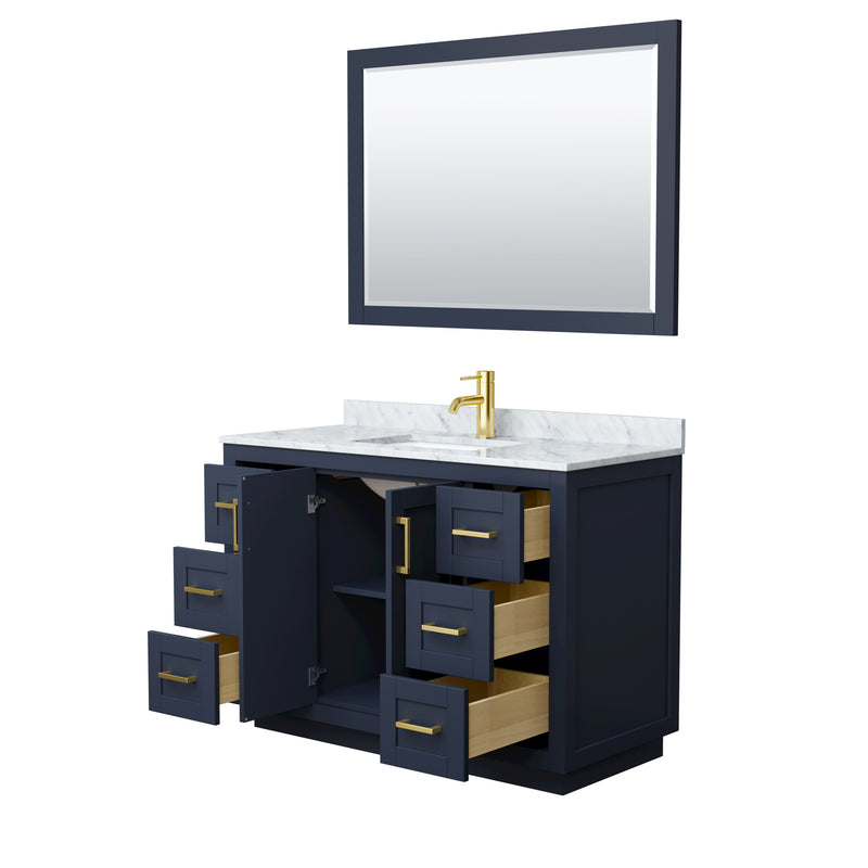 Wyndham Miranda 48" Single Bathroom Vanity In Dark Blue White Carrara Marble Countertop Undermount Square Sink Brushed Gold Trims and 46" Mirror WCF292948SBLCMUNSM46