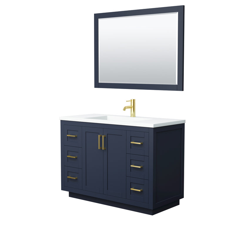 Wyndham Miranda 48" Single Bathroom Vanity In Dark Blue Matte White Solid Surface In 1.25" Thickness Integrated Sink Brushed Gold Trims And 46" Mirror WCF292948SBLK1INTM46