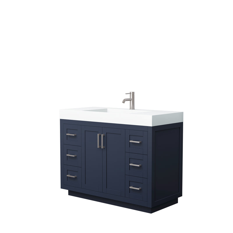 Wyndham Miranda 48" Single Bathroom Vanity In Dark Blue Matte White Solid Surface In 4" Thickness Integrated Sink Brushed Nickel Trims And No Mirror WCF292948SBNK4INTMXX