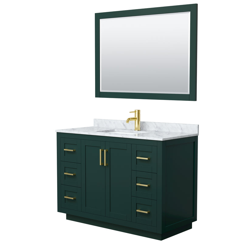 Wyndham Miranda 48" Single Bathroom Vanity In Green White Carrara Marble Countertop Undermount Square Sink Brushed Gold Trim 46" Mirror WCF292948SGDCMUNSM46