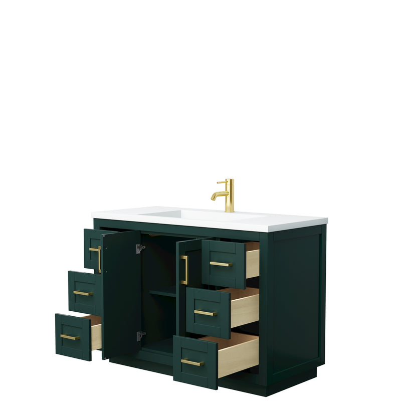 Wyndham Miranda 48" Single Bathroom Vanity In Green 1.25" Thick Matte White Solid Surface Countertop Integrated Sink Brushed Gold Trim WCF292948SGDK1INTMXX