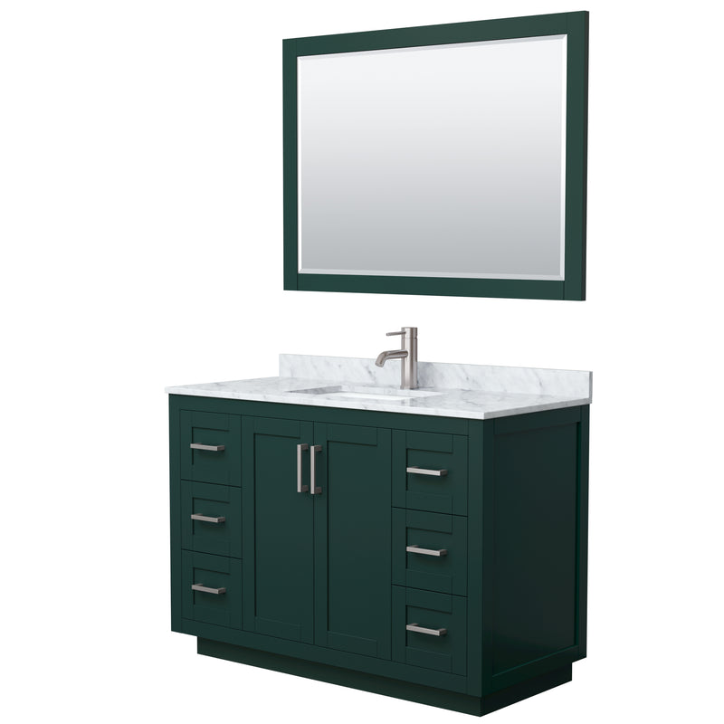 Wyndham Miranda 48" Single Bathroom Vanity In Green White Carrara Marble Countertop Undermount Square Sink Brushed Nickel Trim 46" Mirror WCF292948SGECMUNSM46