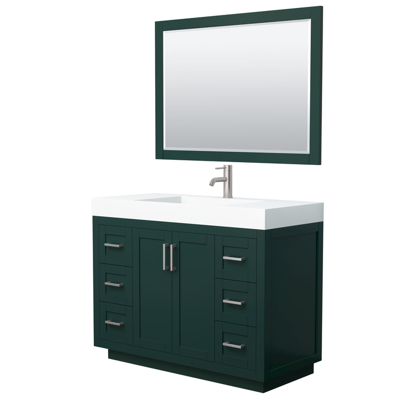 Wyndham Miranda 48" Single Bathroom Vanity In Green 4" Thick Matte White Solid Surface Countertop Integrated Sink Brushed Nickel Trim 46" Mirror WCF292948SGEK4INTM46