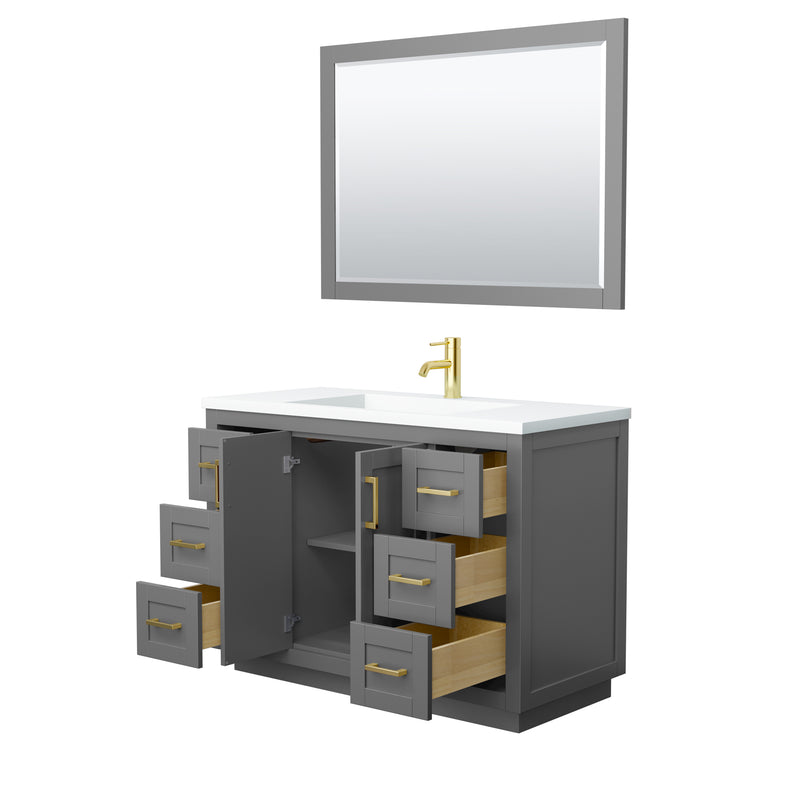 Wyndham Miranda 48" Single Bathroom Vanity In Dark Gray Matte White Solid Surface In 1.25" Thickness Integrated Sink Brushed Gold Trims and 46" Mirror WCF292948SGGK1INTM46