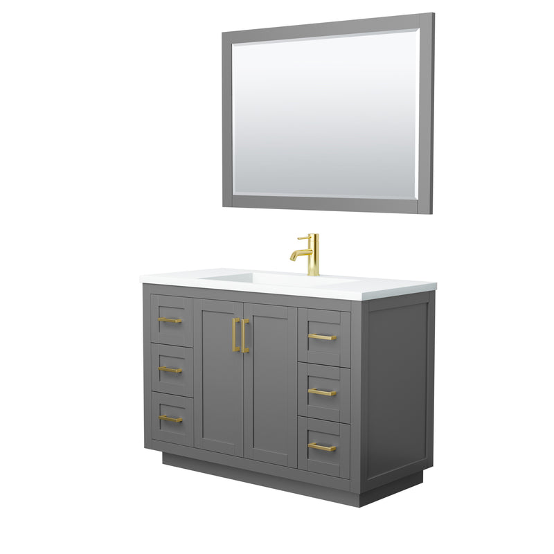 Wyndham Miranda 48" Single Bathroom Vanity In Dark Gray Matte White Solid Surface In 1.25" Thickness Integrated Sink Brushed Gold Trims And 46" Mirror WCF292948SGGK1INTM46