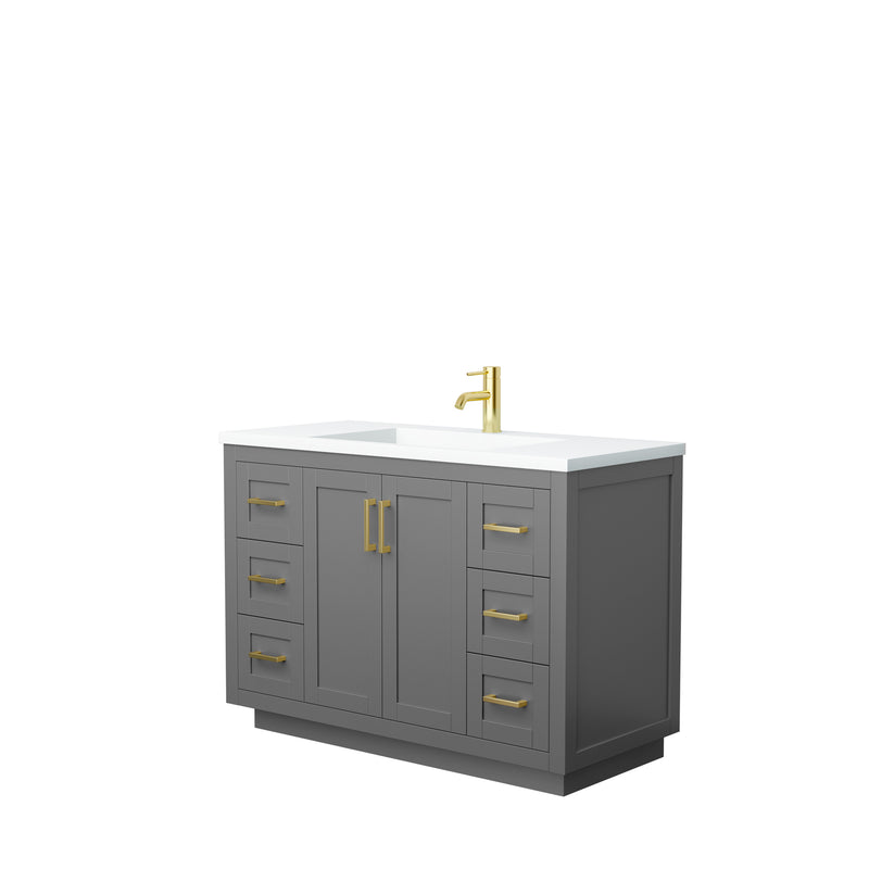 Wyndham Miranda 48" Single Bathroom Vanity In Dark Gray Matte White Solid Surface In 1.25" Thickness Integrated Sink Brushed Gold Trims And No Mirror WCF292948SGGK1INTMXX