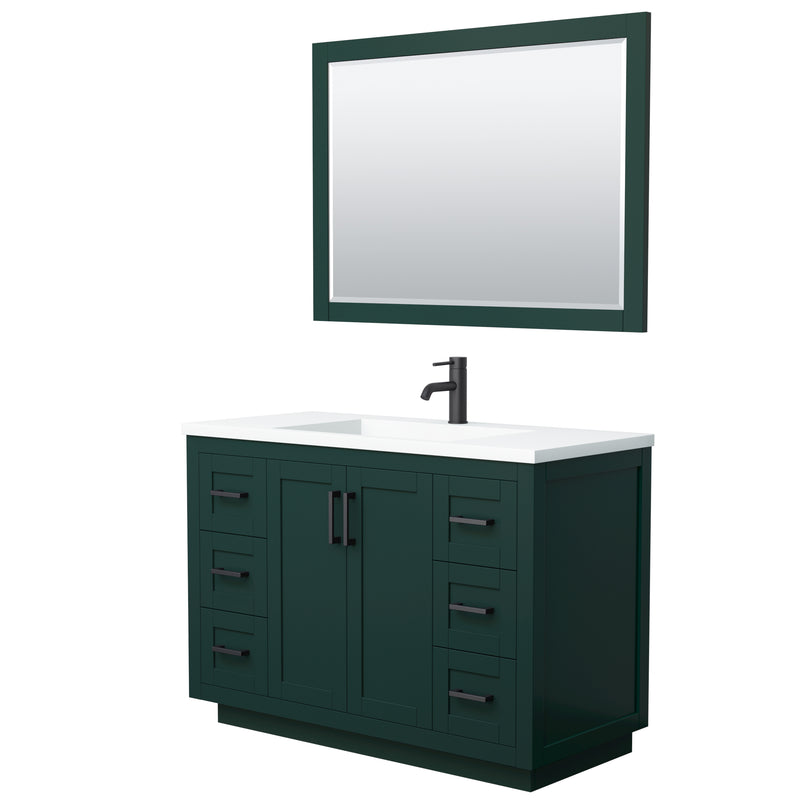 Wyndham Miranda 48" Single Bathroom Vanity In Green 1.25" Thick Matte White Solid Surface Countertop Integrated Sink Matte Black Trim 46" Mirror WCF292948SGKK1INTM46