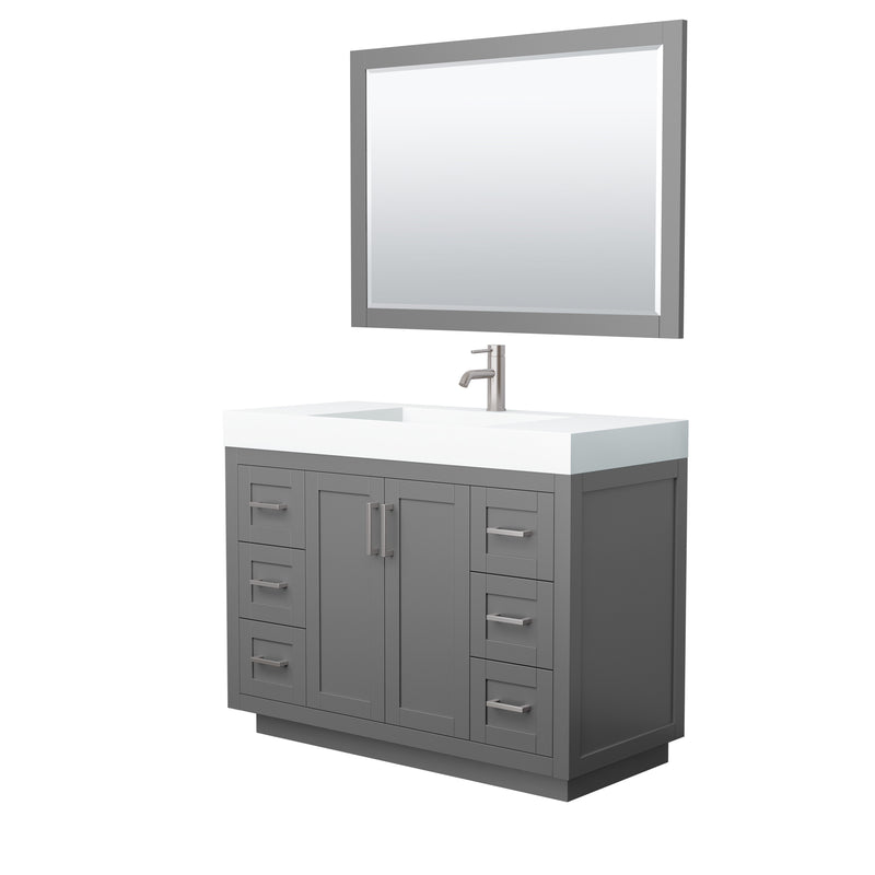 Wyndham Miranda 48" Single Bathroom Vanity In Dark Gray Matte White Solid Surface In 4" Thickness Integrated Sink Brushed Nickel Trims And 46" Mirror WCF292948SKGK4INTM46