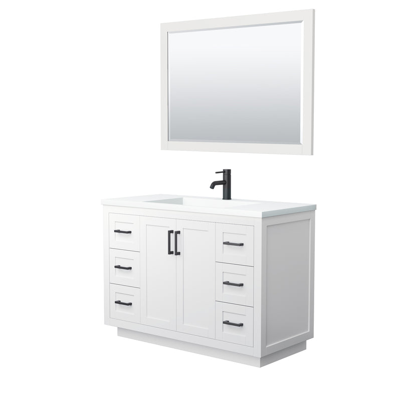 Wyndham Miranda 48" Single Bathroom Vanity In White Matte White Solid Surface In 1.25" Thickness Integrated Sink Black Trims And 46" Mirror WCF292948SWBK1INTM46