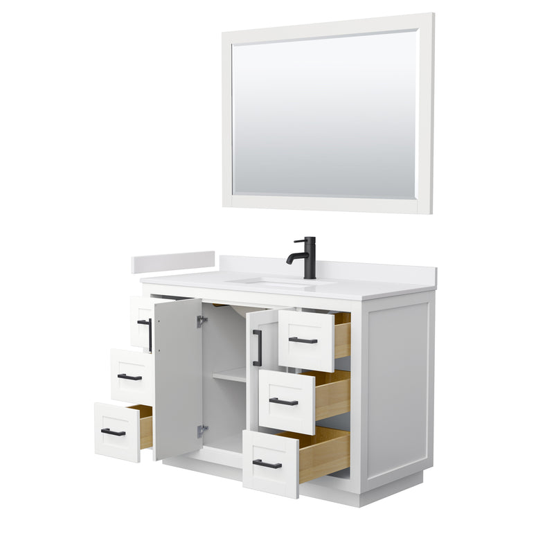 Wyndham Miranda 48" Single Bathroom Vanity In White White Cultured Marble Countertop Undermount Square Sink Black Trims and 46" Mirror WCF292948SWBWCUNSM46