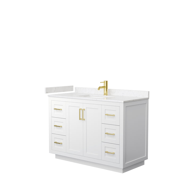 Wyndham Miranda 48" Single Bathroom Vanity In White Light-Vein Carrara Cultured Marble Countertop Undermount Square Sink Brushed Gold Trims And No Mirror WCF292948SWGC2UNSMXX