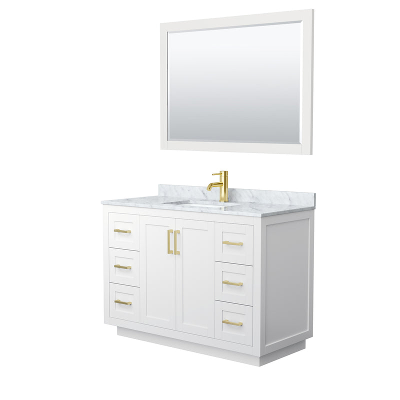 Wyndham Miranda 48" Single Bathroom Vanity In White White Carrara Marble Countertop Undermount Square Sink Brushed Gold Trims And 46" Mirror WCF292948SWGCMUNSM46