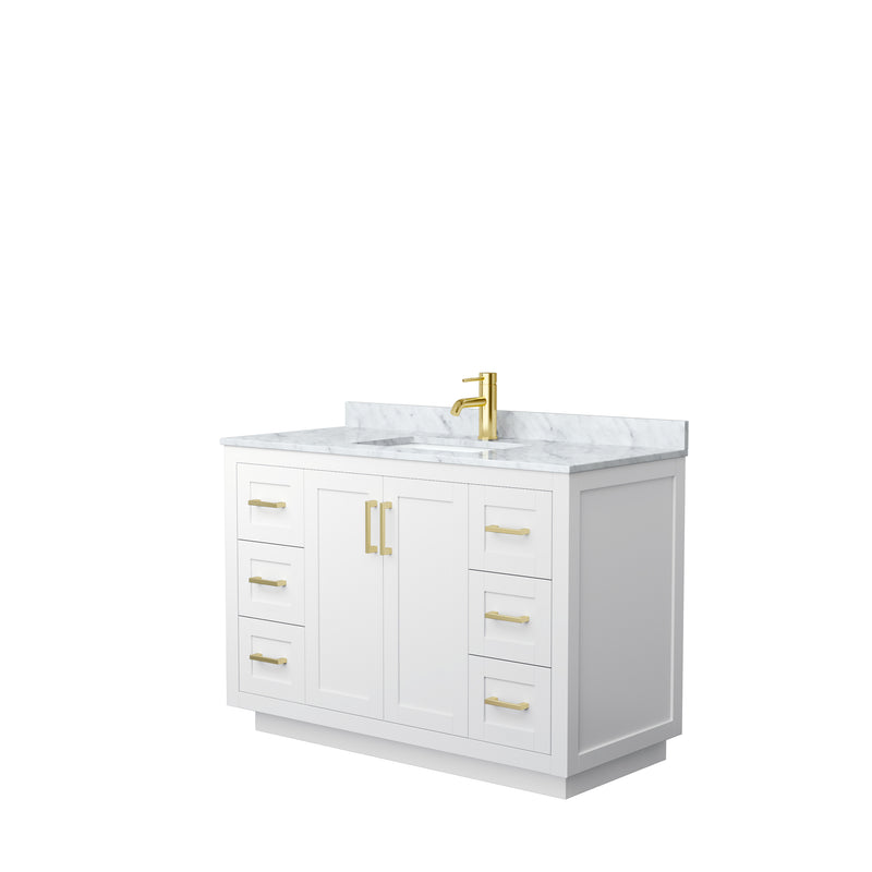 Wyndham Miranda 48" Single Bathroom Vanity In White White Carrara Marble Countertop Undermount Square Sink Brushed Gold Trims And No Mirror WCF292948SWGCMUNSMXX