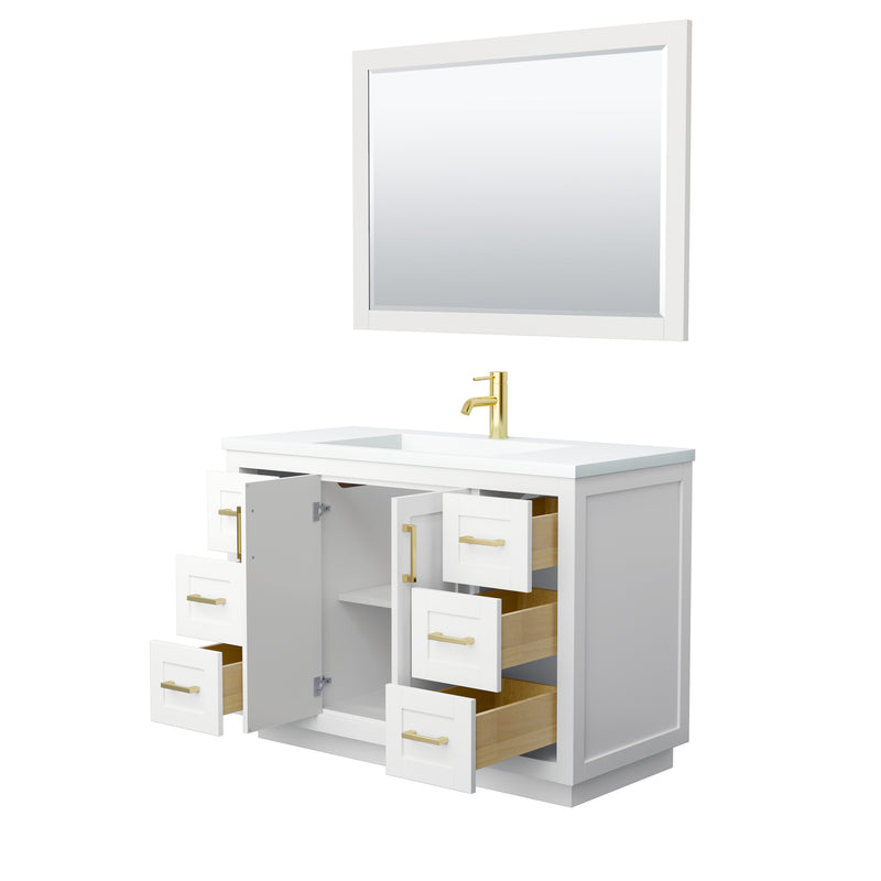 Wyndham Miranda 48" Single Bathroom Vanity In White Matte White Solid Surface In 1.25" Thickness Integrated Sink Brushed Gold Trims and 46" Mirror WCF292948SWGK1INTM46