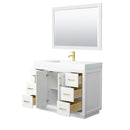 Wyndham Miranda 48" Single Bathroom Vanity In White Matte White Solid Surface In 4" Thickness Integrated Sink Brushed Gold Trims and 46" Mirror WCF292948SWGK4INTM46