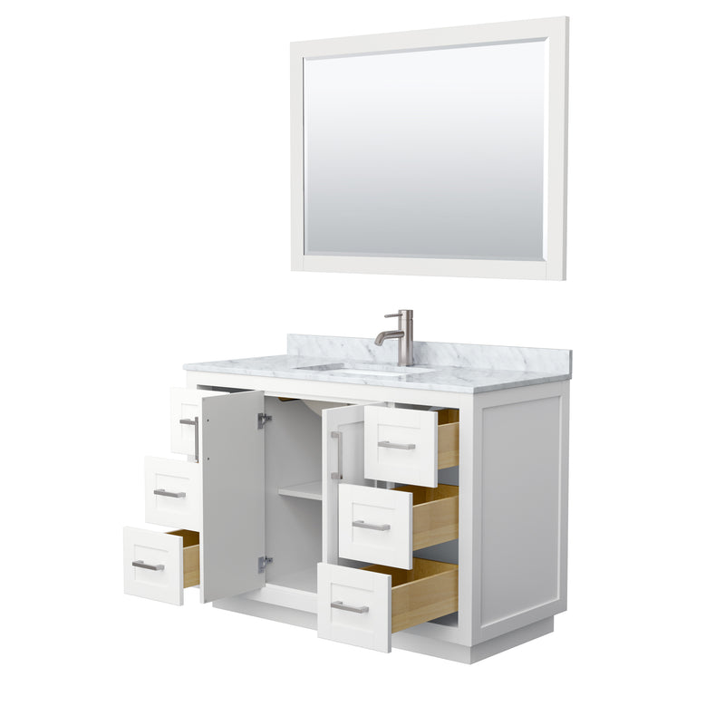 Wyndham Miranda 48" Single Bathroom Vanity In White White Carrara Marble Countertop Undermount Square Sink Brushed Nickel Trims and 46" Mirror WCF292948SWHCMUNSM46