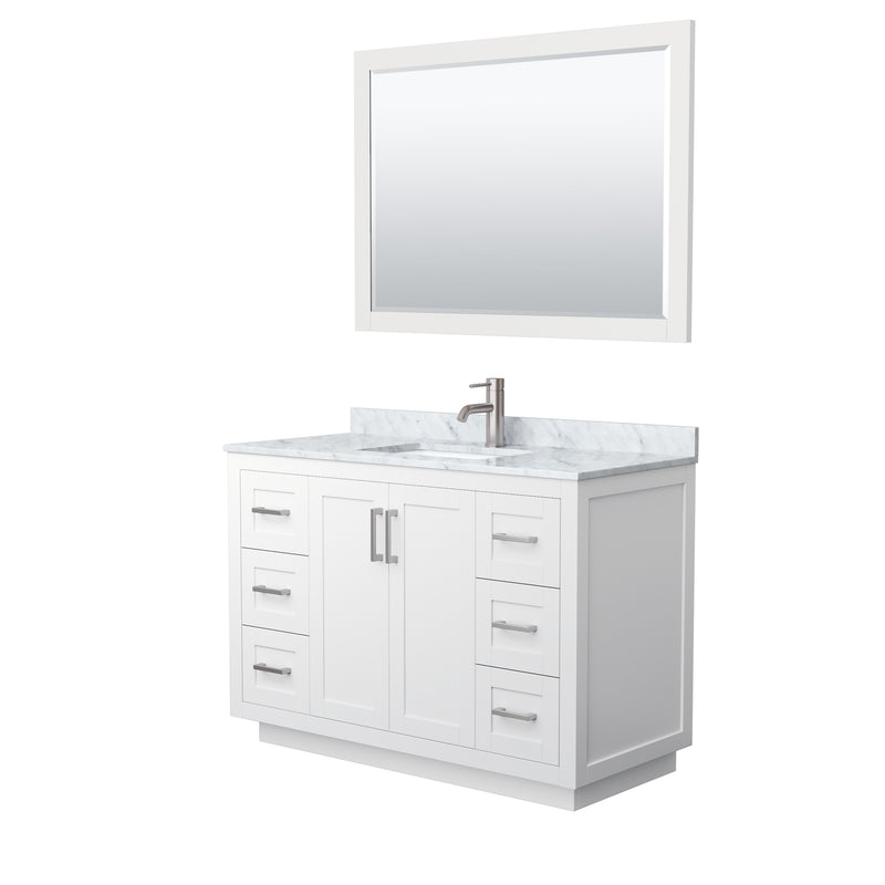 Wyndham Miranda 48" Single Bathroom Vanity In White White Carrara Marble Countertop Undermount Square Sink Brushed Nickel Trims And 46" Mirror WCF292948SWHCMUNSM46