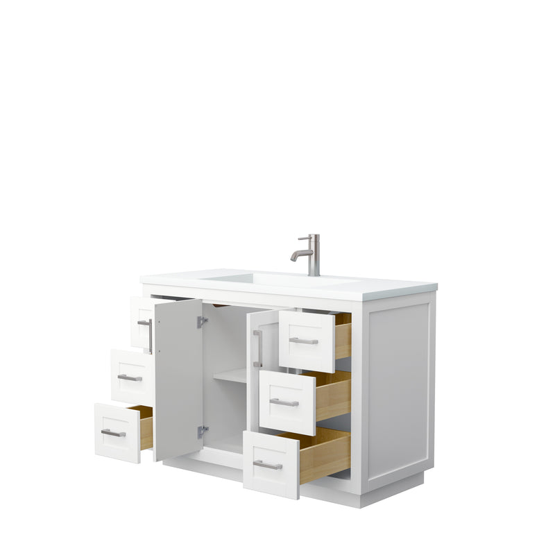 Wyndham Miranda 48" Single Bathroom Vanity In White Matte White Solid Surface In 1.25" Thickness Integrated Sink Brushed Nickel Trims and No Mirror WCF292948SWHK1INTMXX