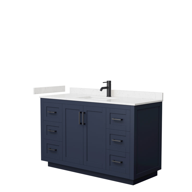 Wyndham Miranda 54" Single Bathroom Vanity In Dark Blue Light-Vein Carrara Cultured Marble Countertop Undermount Square Sink Matte Black Trim WCF292954SBBC2UNSMXX