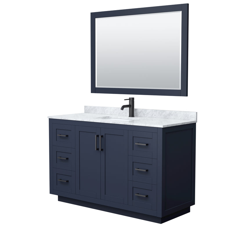 Wyndham Miranda 54" Single Bathroom Vanity In Dark Blue White Carrara Marble Countertop Undermount Square Sink Matte Black Trim 46" Mirror WCF292954SBBCMUNSM46