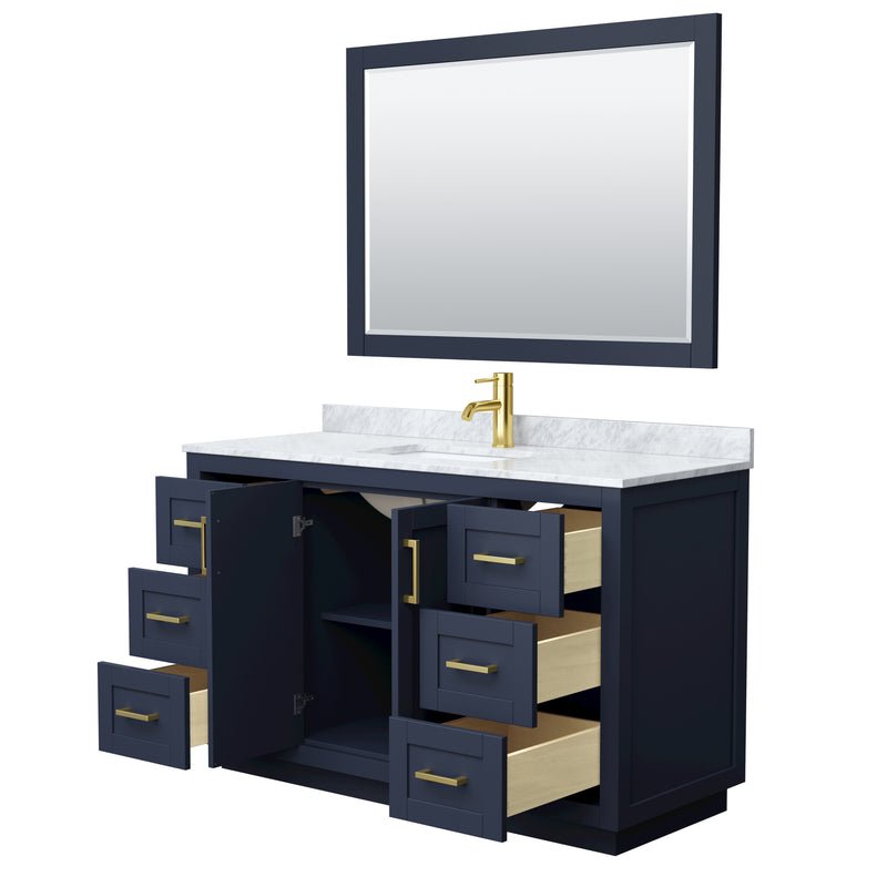 Wyndham Miranda 54" Single Bathroom Vanity In Dark Blue White Carrara Marble Countertop Undermount Square Sink Brushed Gold Trim 46" Mirror WCF292954SBLCMUNSM46