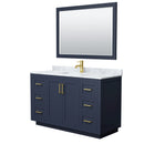 Wyndham Miranda 54" Single Bathroom Vanity In Dark Blue White Carrara Marble Countertop Undermount Square Sink Brushed Gold Trim 46" Mirror WCF292954SBLCMUNSM46