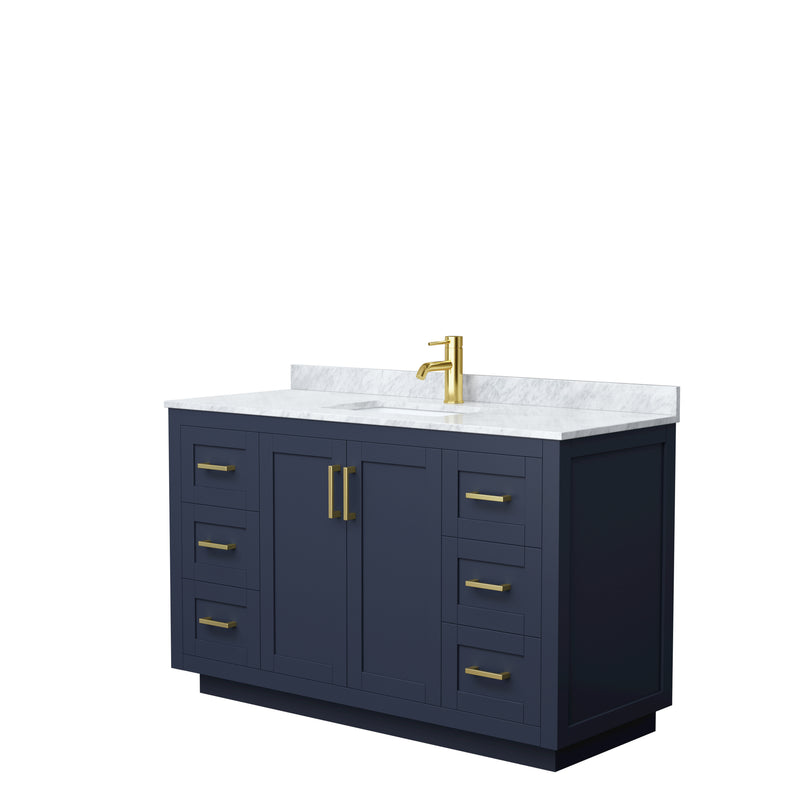 Wyndham Miranda 54" Single Bathroom Vanity In Dark Blue White Carrara Marble Countertop Undermount Square Sink Brushed Gold Trim WCF292954SBLCMUNSMXX