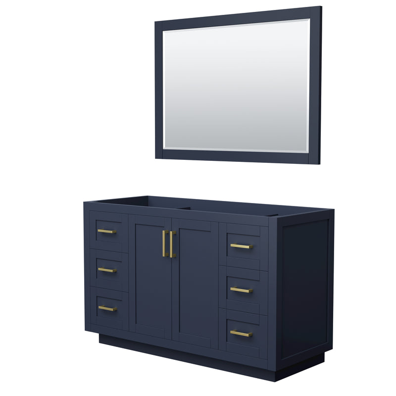 Wyndham Miranda 54" Single Bathroom Vanity In Dark Blue No Countertop No Sink Brushed Gold Trim 46" Mirror WCF292954SBLCXSXXM46