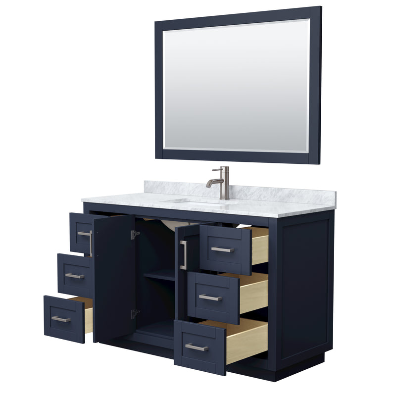 Wyndham Miranda 54" Single Bathroom Vanity In Dark Blue White Carrara Marble Countertop Undermount Square Sink Brushed Nickel Trim 46" Mirror WCF292954SBNCMUNSM46