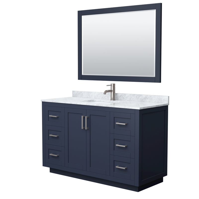 Wyndham Miranda 54" Single Bathroom Vanity In Dark Blue White Carrara Marble Countertop Undermount Square Sink Brushed Nickel Trim 46" Mirror WCF292954SBNCMUNSM46