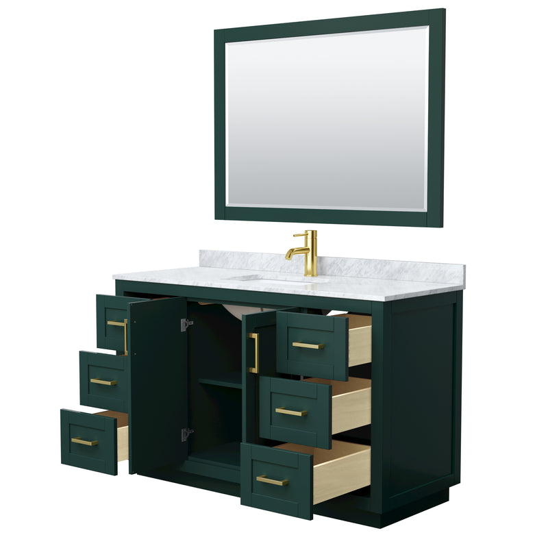 Wyndham Miranda 54" Single Bathroom Vanity In Green White Carrara Marble Countertop Undermount Square Sink Brushed Gold Trim 46" Mirror WCF292954SGDCMUNSM46