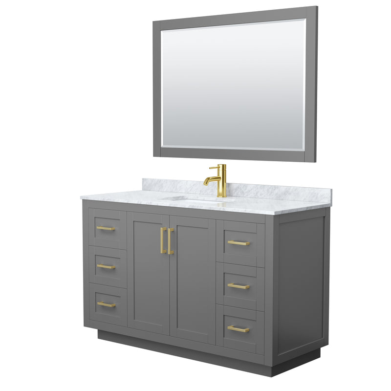 Wyndham Miranda 54" Single Bathroom Vanity In Dark Gray White Carrara Marble Countertop Undermount Square Sink Brushed Gold Trim 46" Mirror WCF292954SGGCMUNSM46