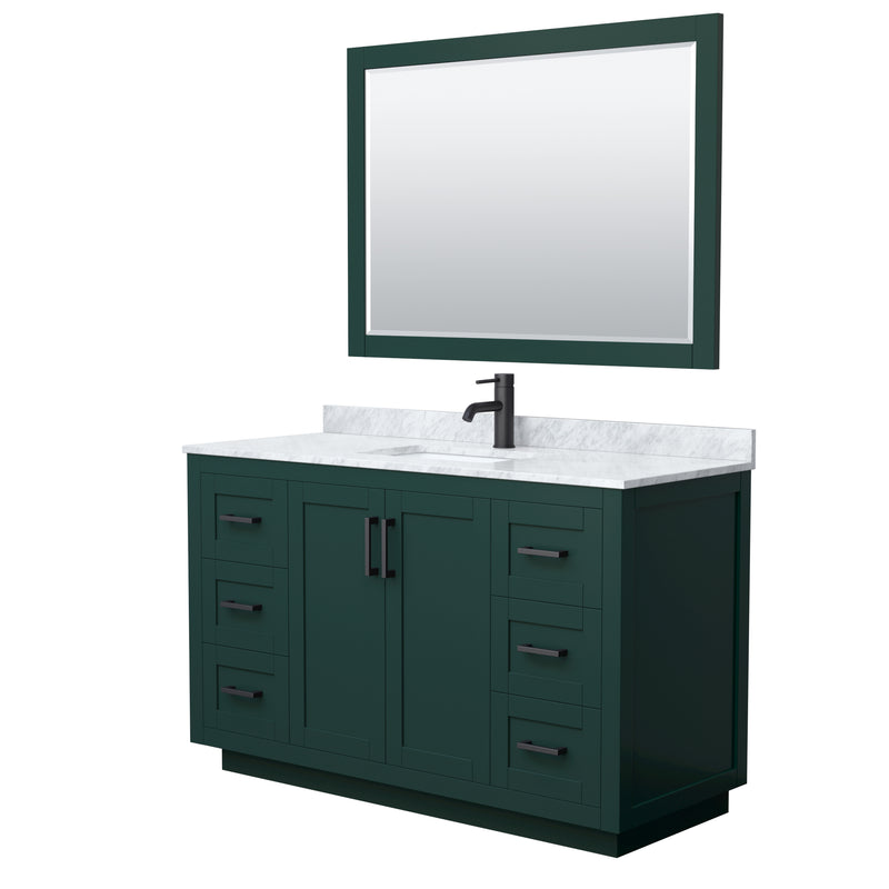 Wyndham Miranda 54" Single Bathroom Vanity In Green White Carrara Marble Countertop Undermount Square Sink Matte Black Trim 46" Mirror WCF292954SGKCMUNSM46