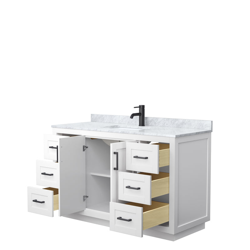 Wyndham Miranda 54" Single Bathroom Vanity In White White Carrara Marble Countertop Undermount Square Sink Matte Black Trim WCF292954SWBCMUNSMXX