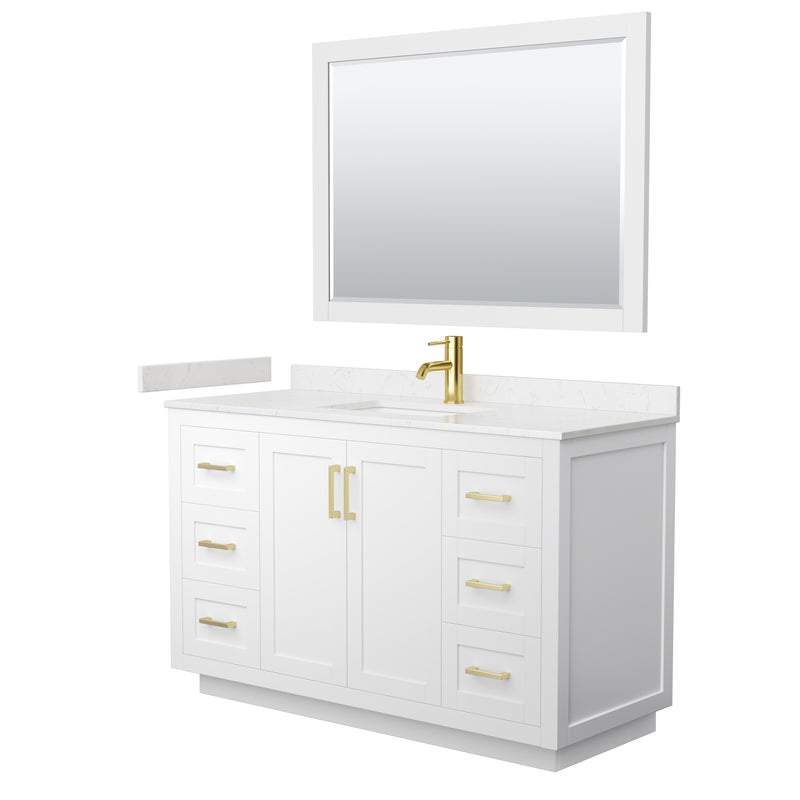 Wyndham Miranda 54" Single Bathroom Vanity In White Light-Vein Carrara Cultured Marble Countertop Undermount Square Sink Brushed Gold Trim 46" Mirror WCF292954SWGC2UNSM46