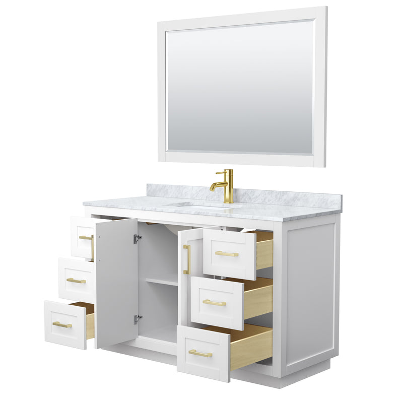 Wyndham Miranda 54" Single Bathroom Vanity In White White Carrara Marble Countertop Undermount Square Sink Brushed Gold Trim 46" Mirror WCF292954SWGCMUNSM46