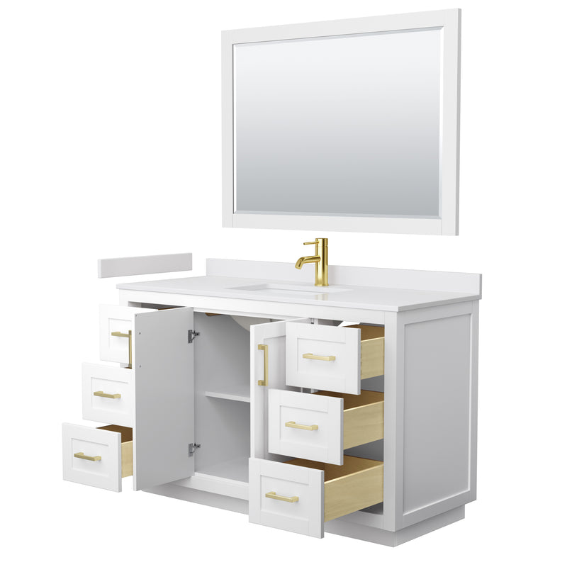 Wyndham Miranda 54" Single Bathroom Vanity In White White Cultured Marble Countertop Undermount Square Sink Brushed Gold Trim 46" Mirror WCF292954SWGWCUNSM46