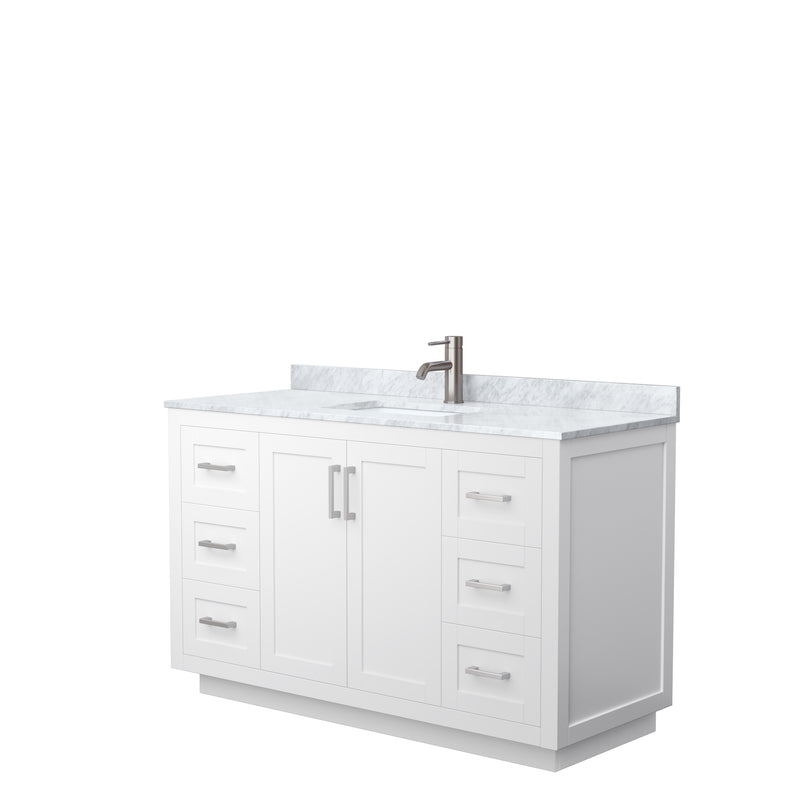 Wyndham Miranda 54" Single Bathroom Vanity In White White Carrara Marble Countertop Undermount Square Sink Brushed Nickel Trim WCF292954SWHCMUNSMXX