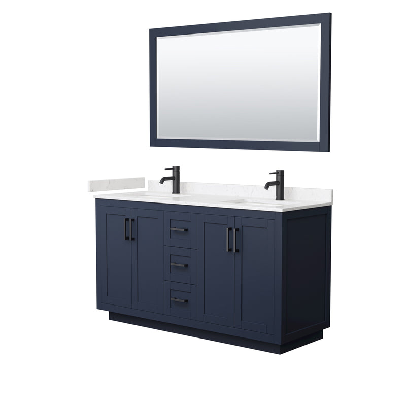 Wyndham Miranda 60" Double Bathroom Vanity In Dark Blue Light-Vein Carrara Cultured Marble Countertop Undermount Square Sinks Black Trims And 58" Mirror WCF292960DBBC2UNSM58