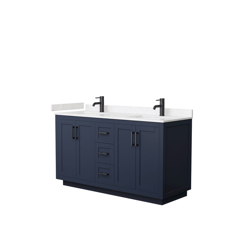 Wyndham Miranda 60" Double Bathroom Vanity In Dark Blue Light-Vein Carrara Cultured Marble Countertop Undermount Square Sinks Black Trims And No Mirror WCF292960DBBC2UNSMXX