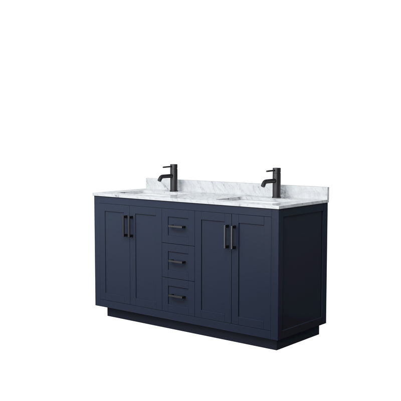 Wyndham Miranda 60" Double Bathroom Vanity In Dark Blue White Carrara Marble Countertop Undermount Square Sinks Black Trims And No Mirror WCF292960DBBCMUNSMXX