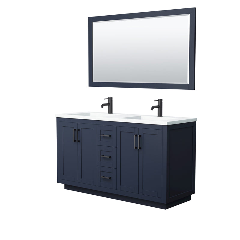 Wyndham Miranda 60" Double Bathroom Vanity In Dark Blue Matte White Solid Surface In 1.25" Thickness Integrated Sinks Black Trims And 58" Mirror WCF292960DBBK1INTM58