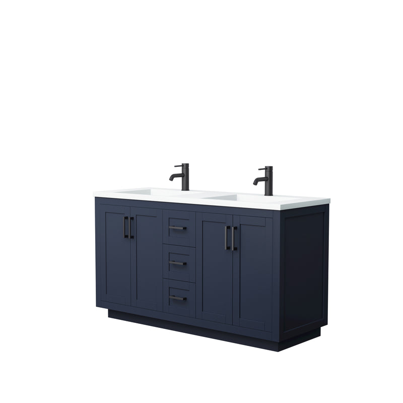 Wyndham Miranda 60" Double Bathroom Vanity In Dark Blue Matte White Solid Surface In 1.25" Thickness Integrated Sinks Black Trims And No Mirror WCF292960DBBK1INTMXX