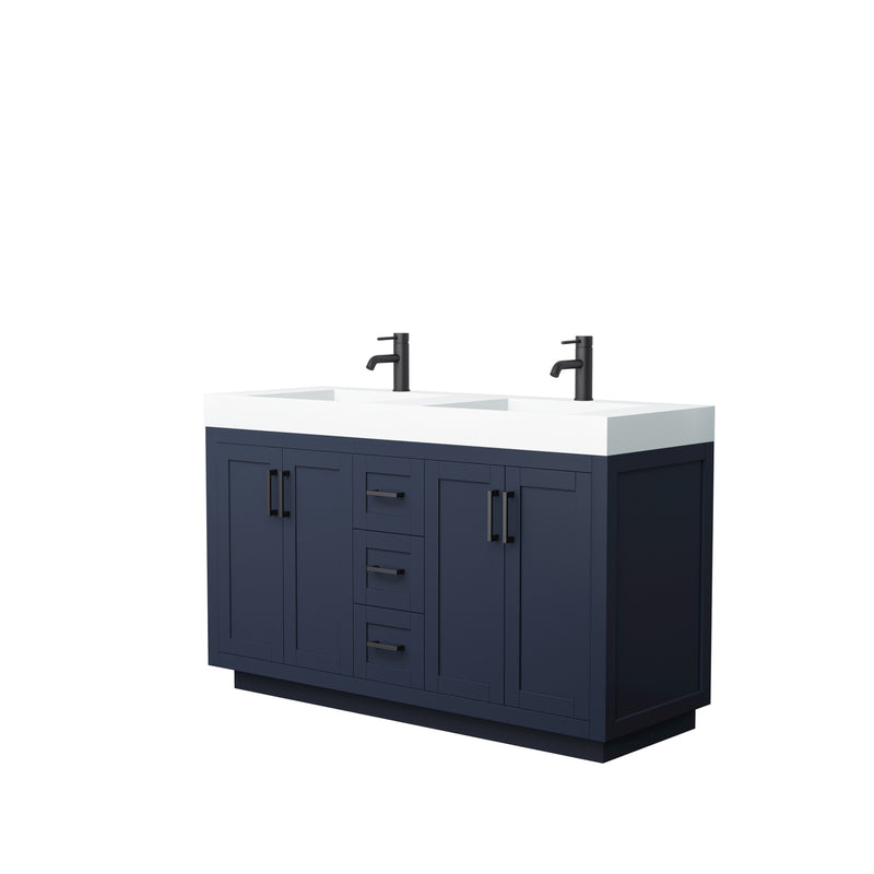 Wyndham Miranda 60" Double Bathroom Vanity In Dark Blue Matte White Solid Surface In 4" Thickness Integrated Sinks Black Trims And No Mirror WCF292960DBBK4INTMXX