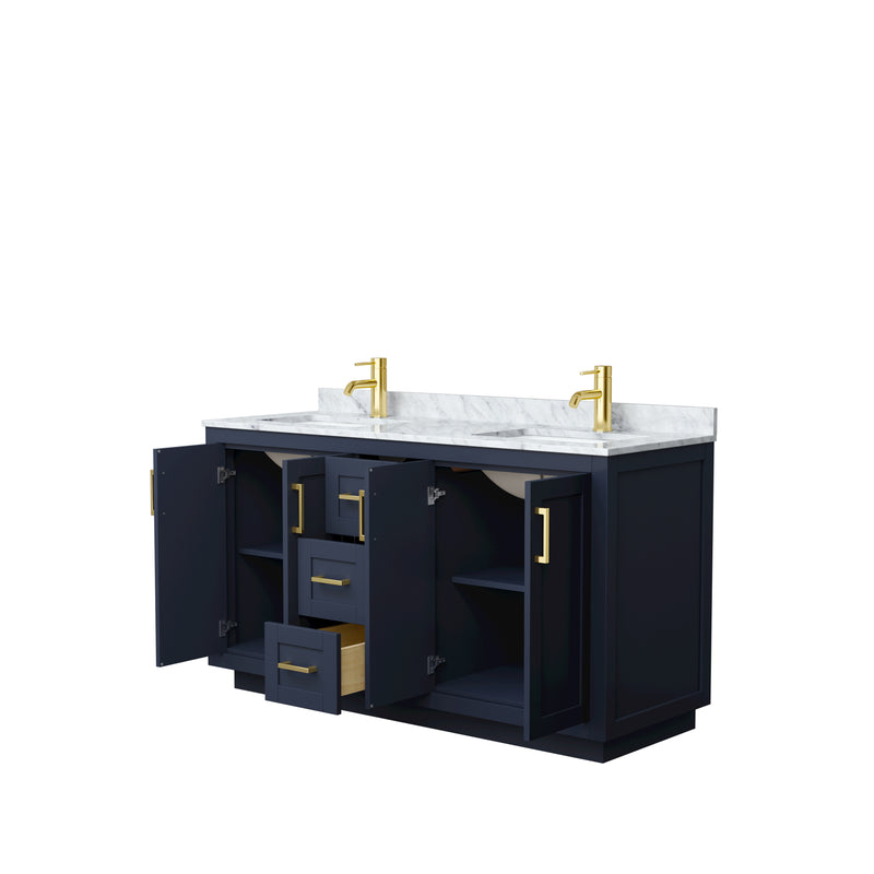 Wyndham Miranda 60" Double Bathroom Vanity In Dark Blue White Carrara Marble Countertop Undermount Square Sinks Brushed Gold Trims and No Mirror WCF292960DBLCMUNSMXX