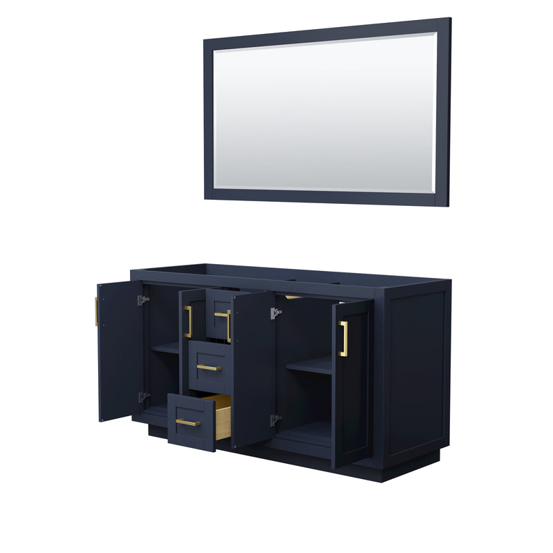 Wyndham Miranda 60" Double Bathroom Vanity In Dark Blue No Countertop No Sink Brushed Gold Trims and 58" Mirror WCF292960DBLCXSXXM58