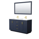 Wyndham Miranda 60" Double Bathroom Vanity In Dark Blue Matte White Solid Surface In 1.25" Thickness Integrated Sinks Brushed Gold Trims And 58" Mirror WCF292960DBLK1INTM58