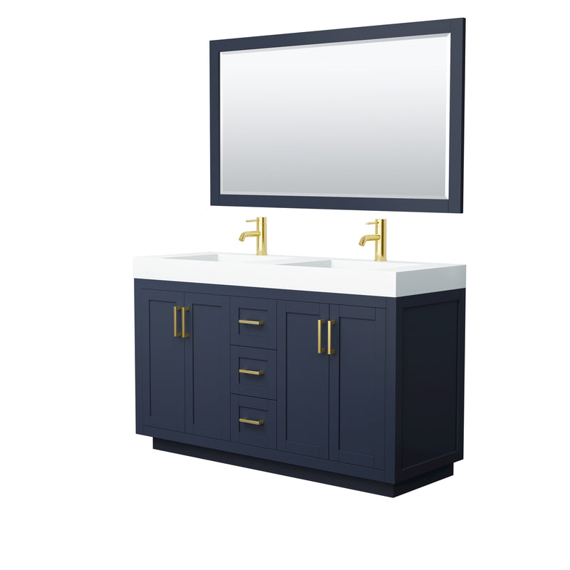 Wyndham Miranda 60" Double Bathroom Vanity In Dark Blue Matte White Solid Surface In 4" Thickness Integrated Sinks Brushed Gold Trims And 58" Mirror WCF292960DBLK4INTM58